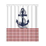 Bath Décor Set Nautical Anchor Shower Curtain Retro Navy Blue, White and Red Stripes