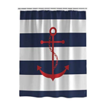 Blue and White Stripes Nautical Shower Curtain Decor with Red Anchor