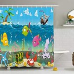 Cartoon Underwater Sea Animals Children’s Blue Shower Curtain Cloth Fabric