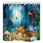 Kids’ Ocean Sea Life Waterproof Shower Curtain with Gold Fishes and Coral Reef