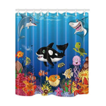 Kids Shower Curtain Cartoon Sea Animals Whale Fishes