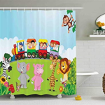 Train, Cartoon Animals and Kids Shower Curtain Decor for Babies and Toddlers Nursery Bathroom
